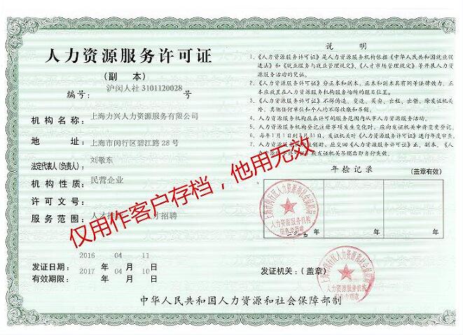 上海力兴人力资源服务许可证副本